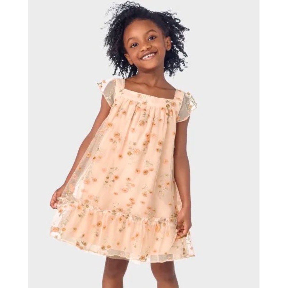 Gymboree Girls Embroidered Floral Mesh Ruffle Dress - All Dressed Up - Orange 5T